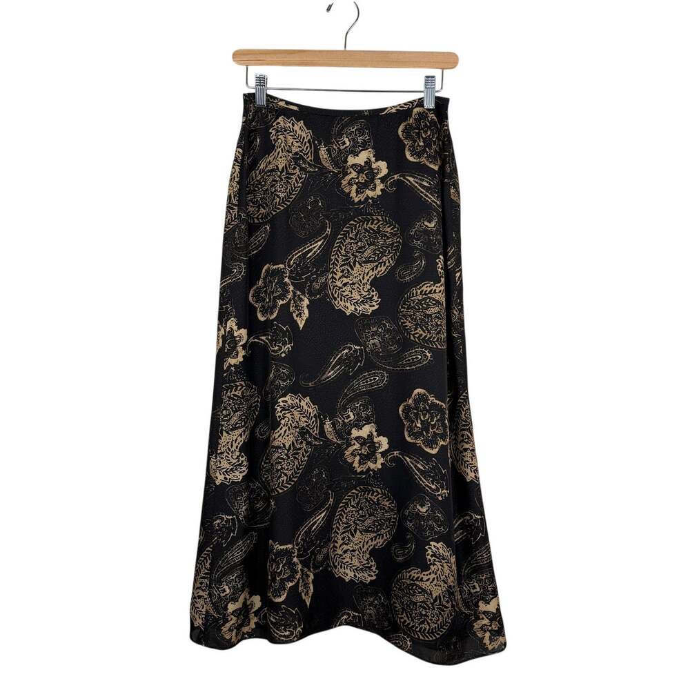 Rena Rowan Petite Silk Midi Skirt Black Gold Paisley Floral Size 2P Boho Vintage